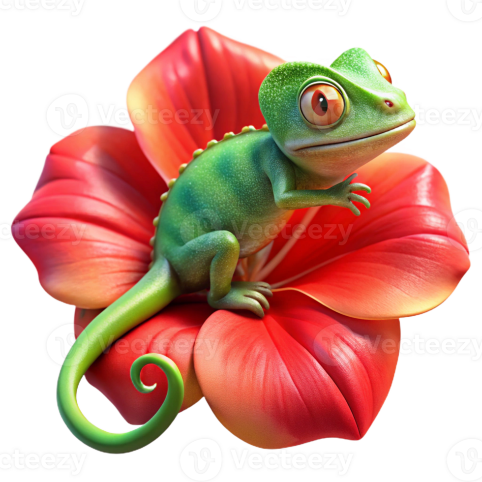 elegant minimalist A vibrant chameleon clinging to a bright red hibiscus flower, showcasing its iridescent skin, macro photography style, bright natural lighting professional png