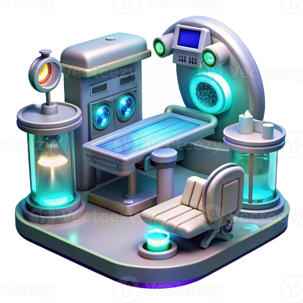 magnificent artistic A futuristic medical bay, with glowing surgical instruments and holographic displays, showcases advanced medical technology. Sterile, fluorescent lighting. Sci-fi realism style 4K png