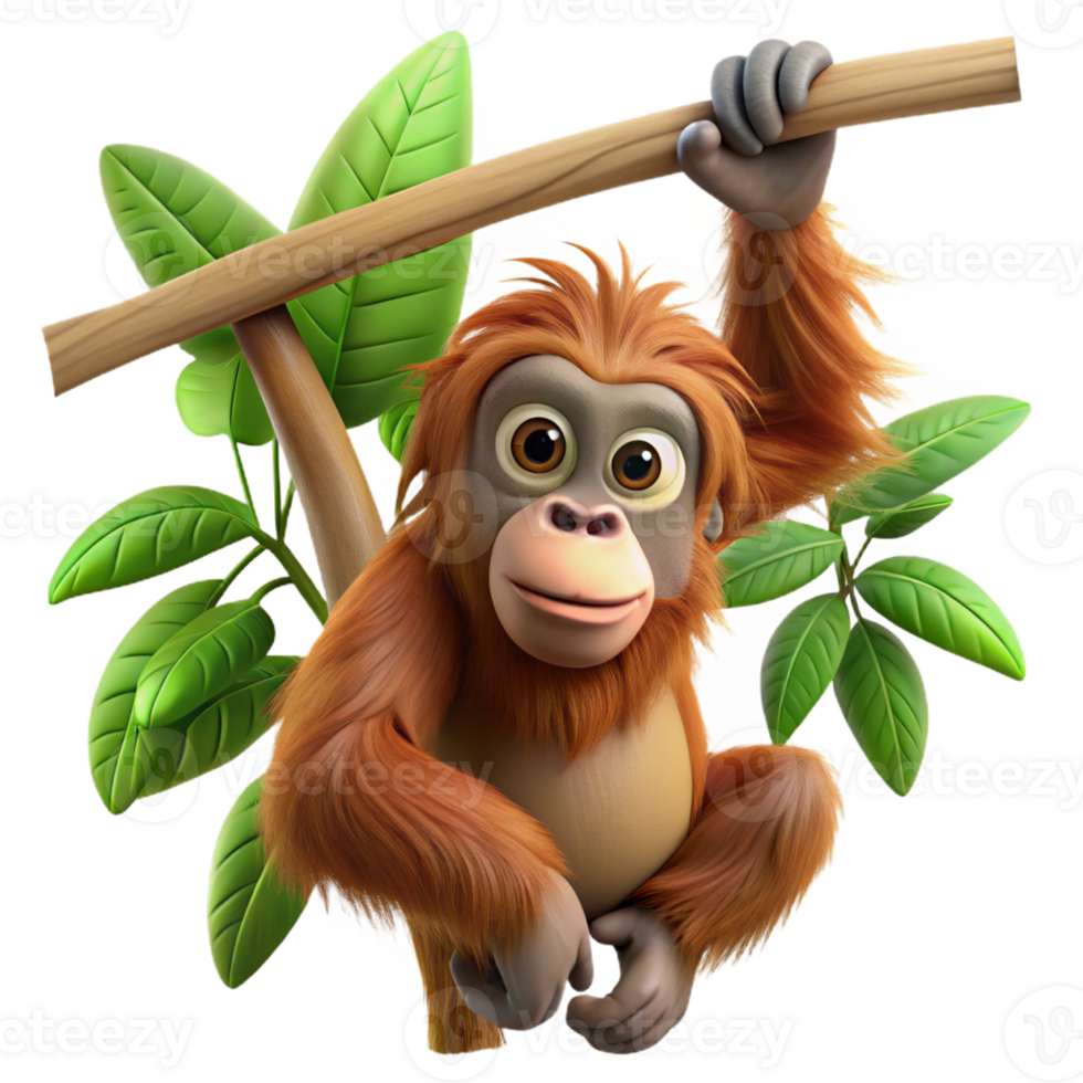 stunning modern A curious orangutan hanging from a tree branch, jungle setting, natural lighting, realistic style authentic png
