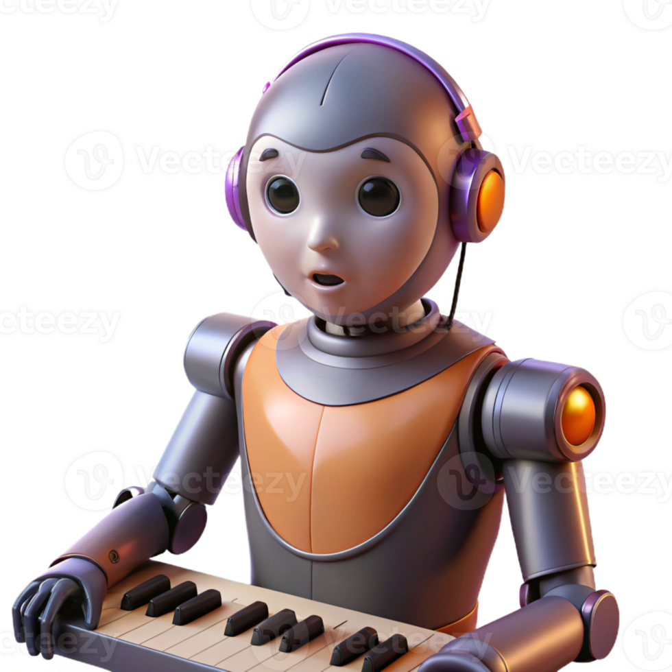 stunning classic A humanoid robot, with expressive eyes and intricate facial features, plays a melancholic melody on a futuristic instrument. Soft, warm lighting. Anime style professional png