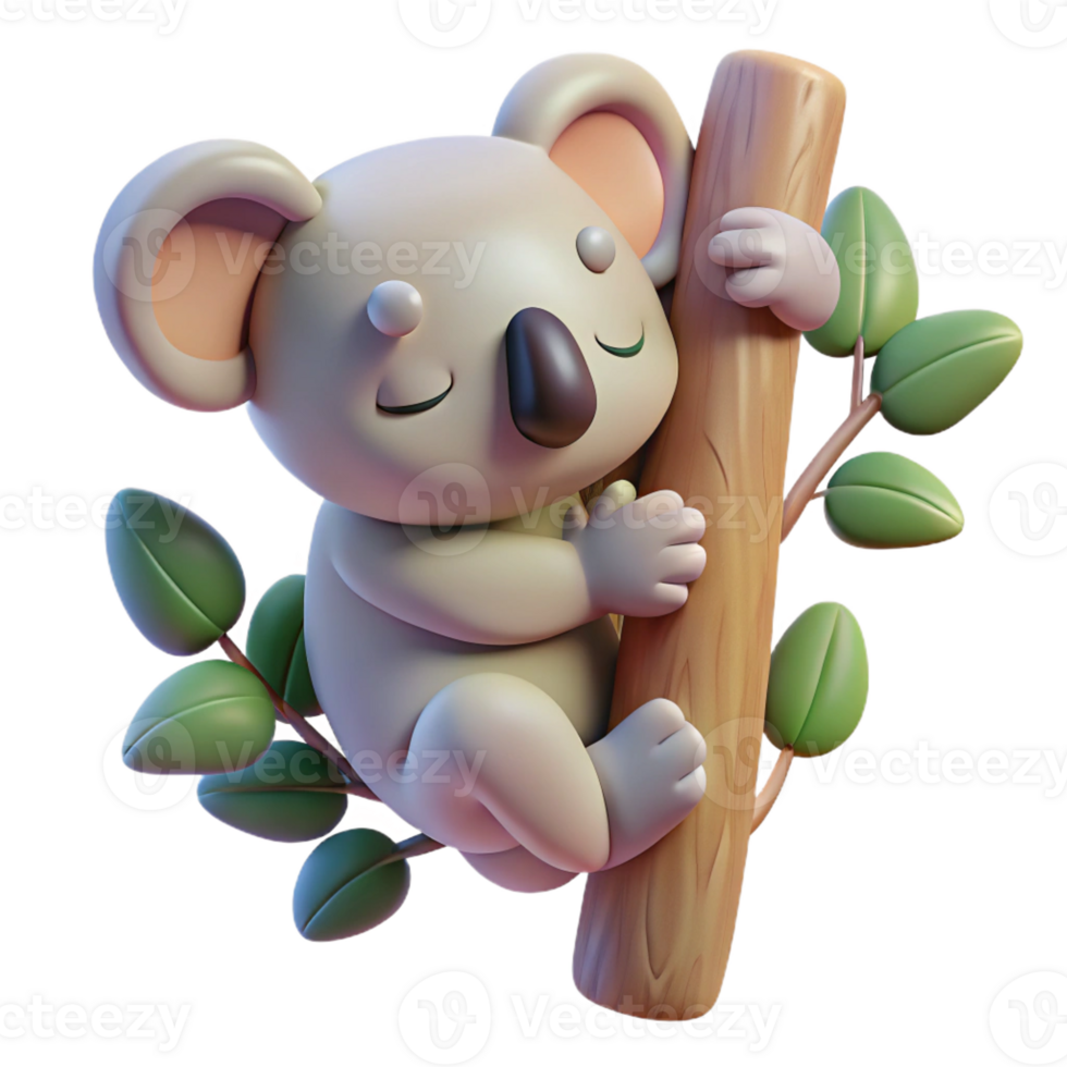 beautiful creative A sleeping koala clinging to a eucalyptus tree, soft lighting, pastel colors, cute style authentic png