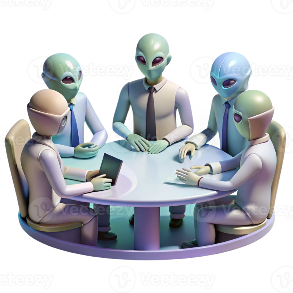 stunning abstract A group of alien diplomats, with diverse and exotic features, engage in a tense negotiation around a holographic table. Neutral, ambient lighting. Sci-fi realism style exclusive png