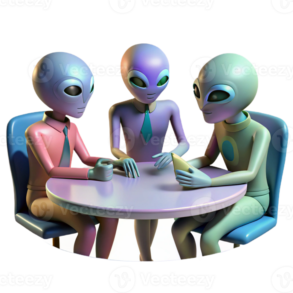elegant modern A group of alien diplomats, with diverse and exotic features, engage in a tense negotiation around a holographic table. Neutral, ambient lighting. Sci-fi realism style high resolution png