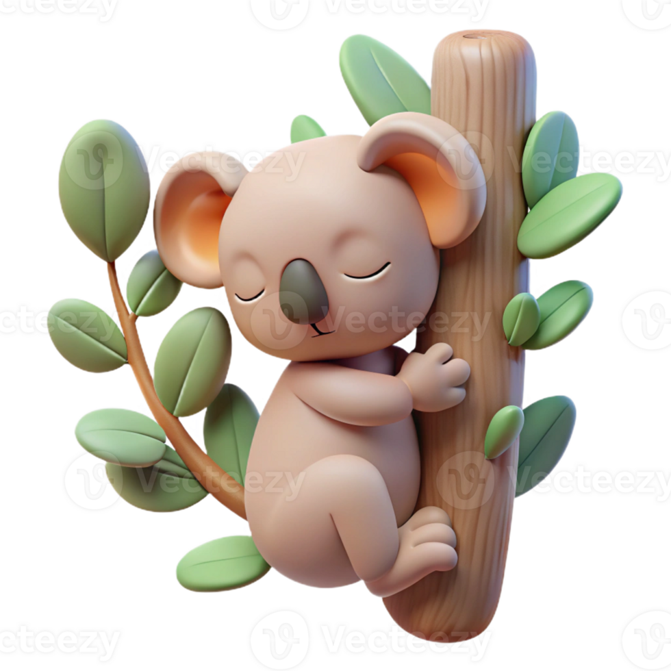 magnificent classic A sleeping koala clinging to a eucalyptus tree, soft lighting, pastel colors, cute style 4K png