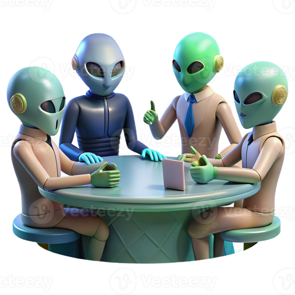 extraordinary abstract A group of alien diplomats, with diverse and exotic features, engage in a tense negotiation around a holographic table. Neutral, ambient lighting. Sci-fi realism style detailed png