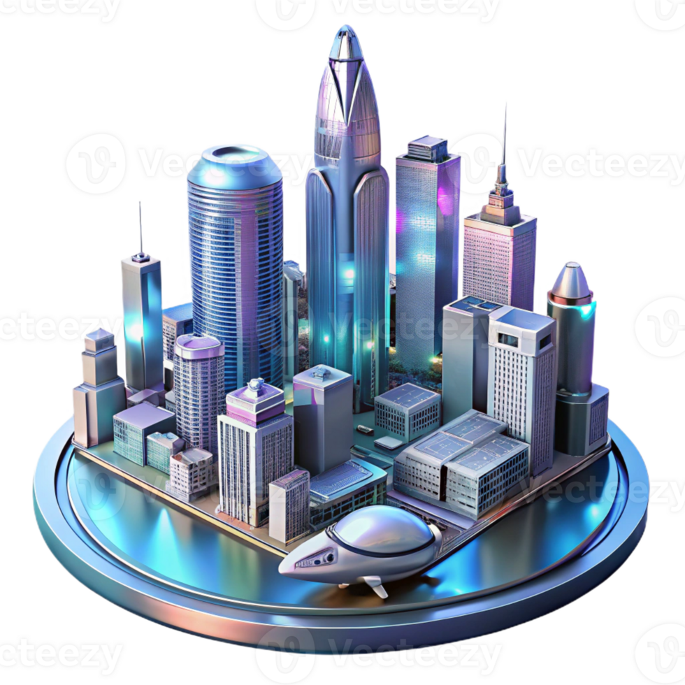 beautiful classic A futuristic cityscape, with towering skyscrapers and flying vehicles, reflected in the polished chrome of a robotic figure. Neon, reflective lighting. Cyberpunk style 4K png