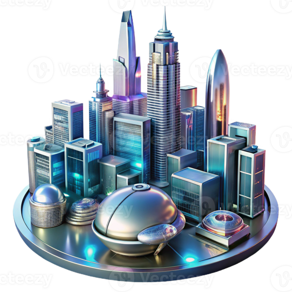 dramatic modern A futuristic cityscape, with towering skyscrapers and flying vehicles, reflected in the polished chrome of a robotic figure. Neon, reflective lighting. Cyberpunk style high quality png