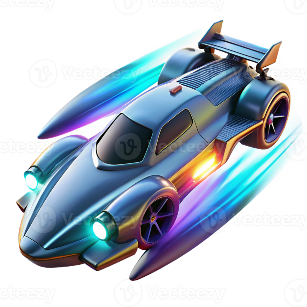 vibrant abstract A futuristic racing vehicle, with glowing energy trails and aerodynamic fins, speeds through a zero-gravity track. Dynamic, flashing lighting. Sci-fi realism style original png