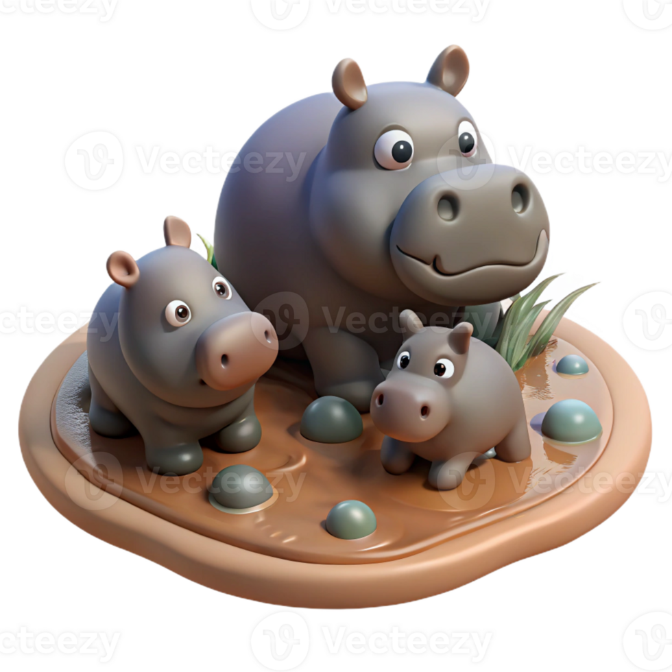 serene vintage A family of hippos wallowing in a muddy pool, African landscape, midday sun, realistic style detailed png