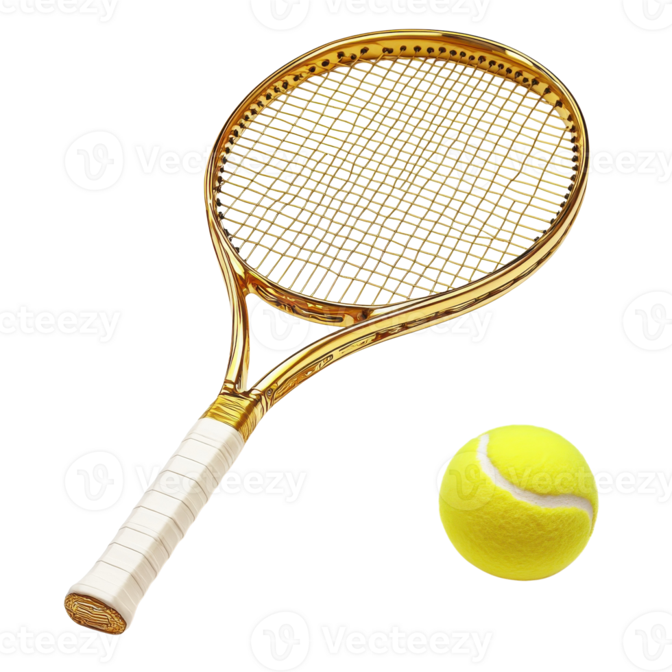 Golden Tennis Racket and Ball on transparent background. png