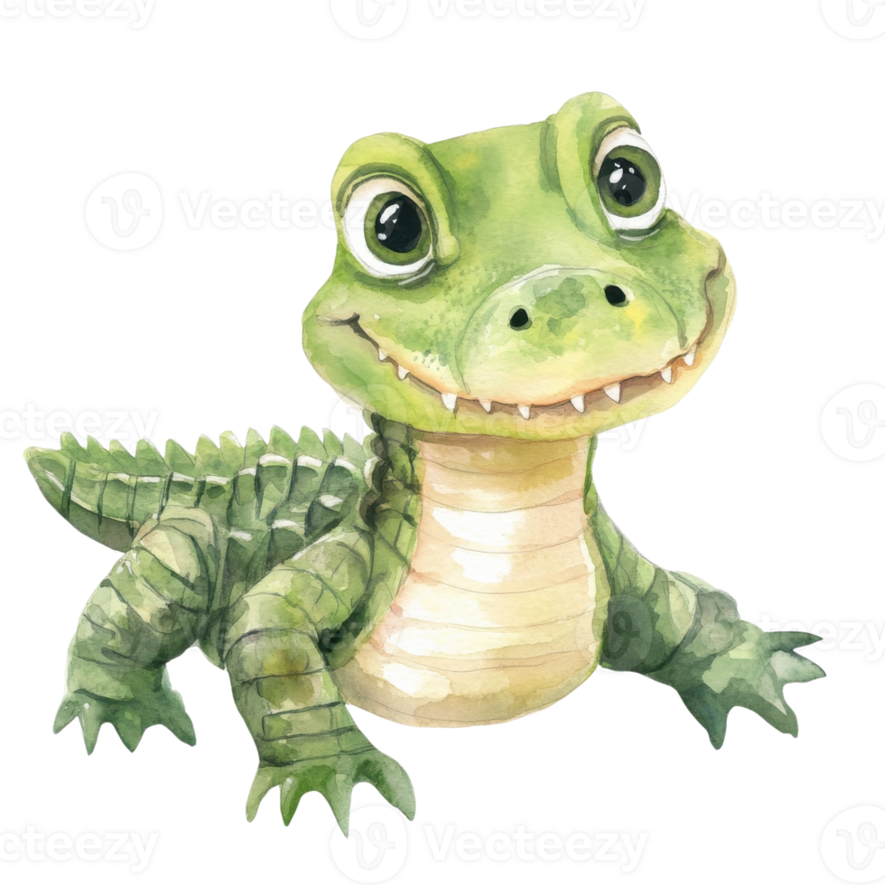 Cute Baby Crocodile Watercolor Clipart on transparent background. png