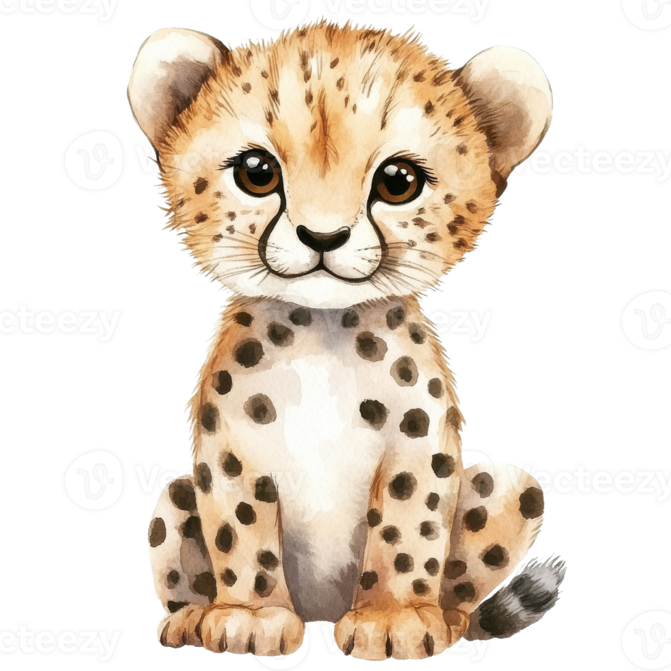 Adorable Baby Cheetah Watercolor Clipart on transparent background. png