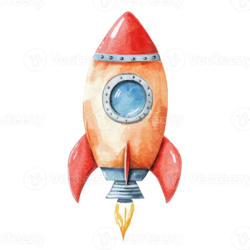 Vibrant Watercolor Rocket Ship Clipart on transparent background. png