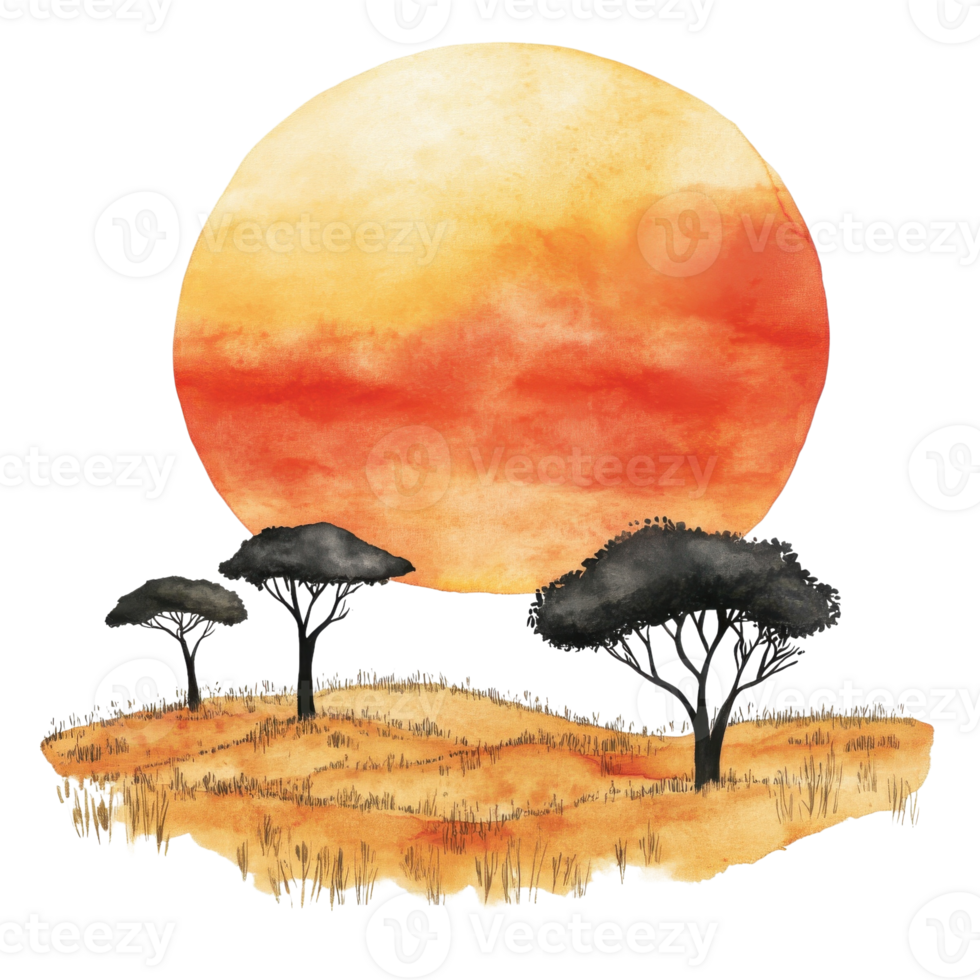 Sunset Watercolor Painting Landscape on transparent background. png