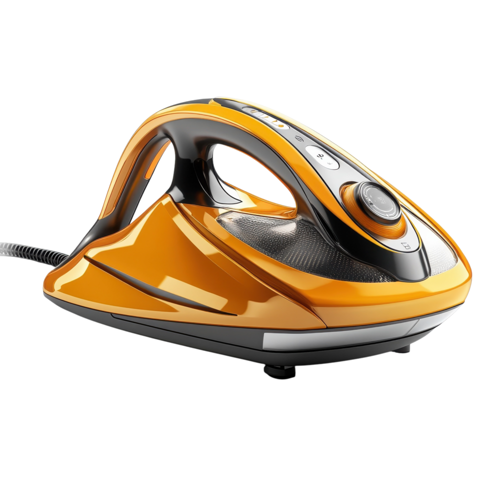 Modern Orange Steam Iron Design on transparent background. png