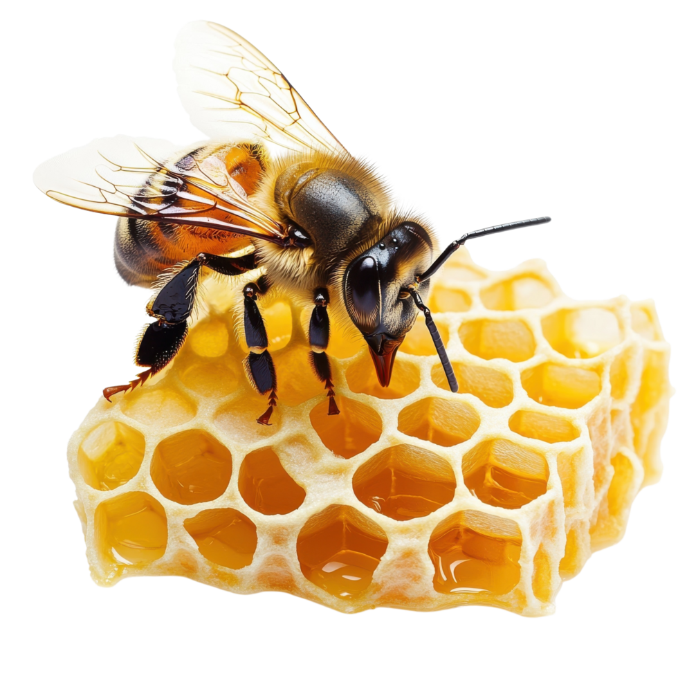 Bee on Honeycomb Natures Sweetness on transparent background. png