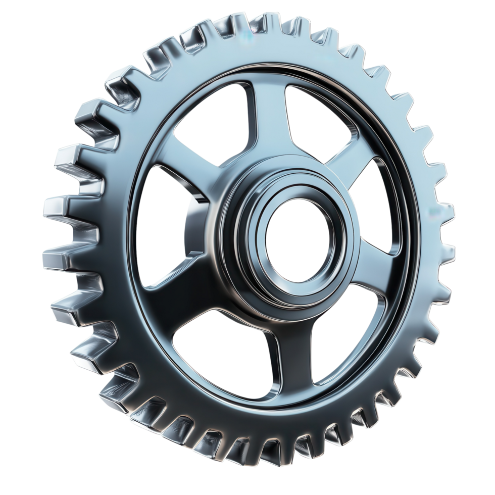 Metallic Gear Engineering Design on transparent background. png