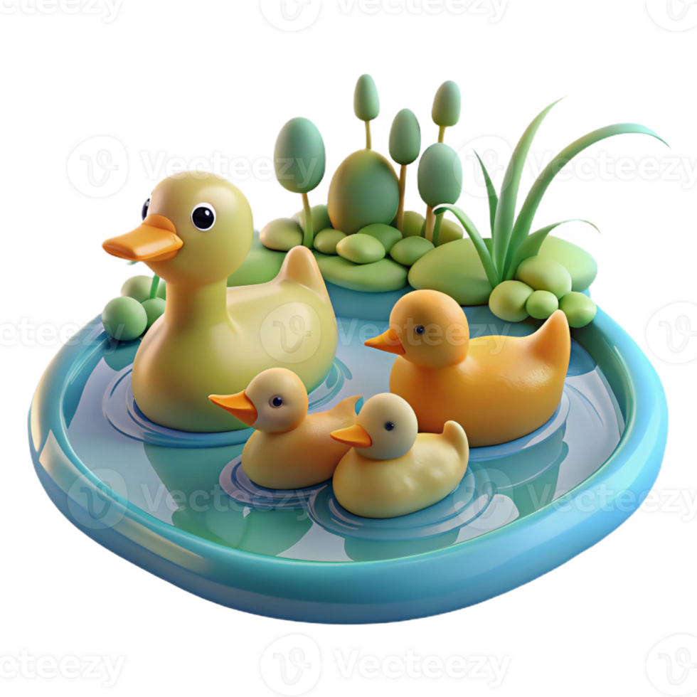 serene contemporary A family of ducks swimming in a pond, natural setting, soft lighting, peaceful atmosphere detailed png