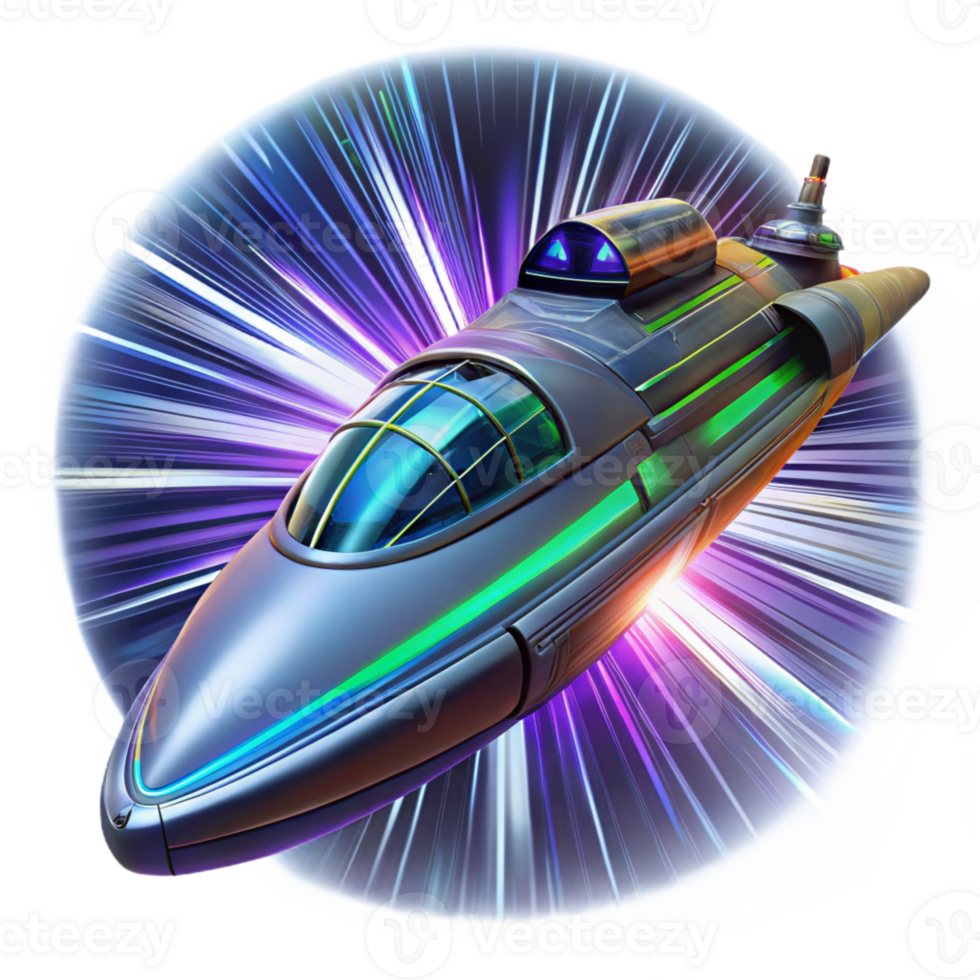 stunning minimalist A futuristic spacecraft, with sleek lines and glowing engine trails, warps through hyperspace. Psychedelic, swirling lighting. Space opera style premium png