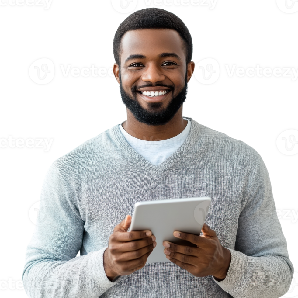 Smiling Man Using Tablet Outdoors on transparent background. png