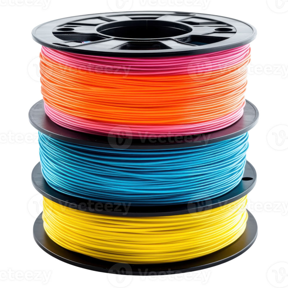 Colorful 3D Printer Filament Spools on transparent background. png