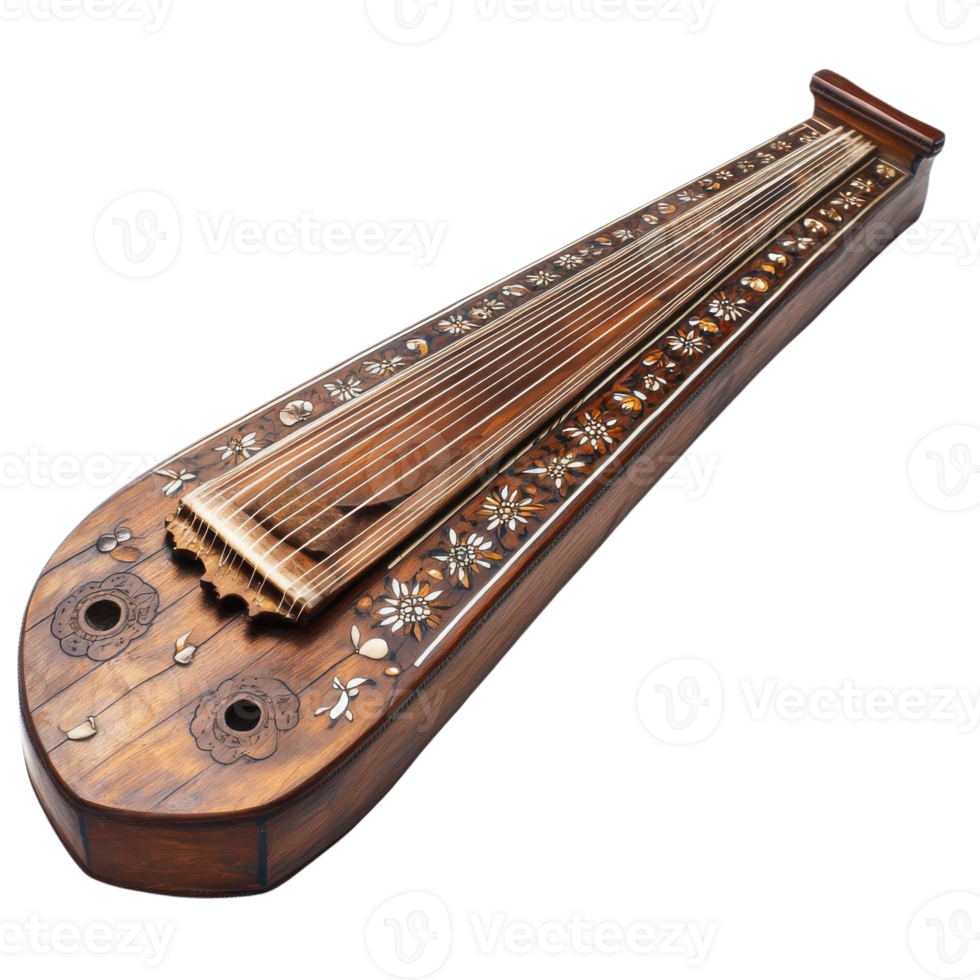 Intricate Wooden Zither Musical Instrument on transparent background. png