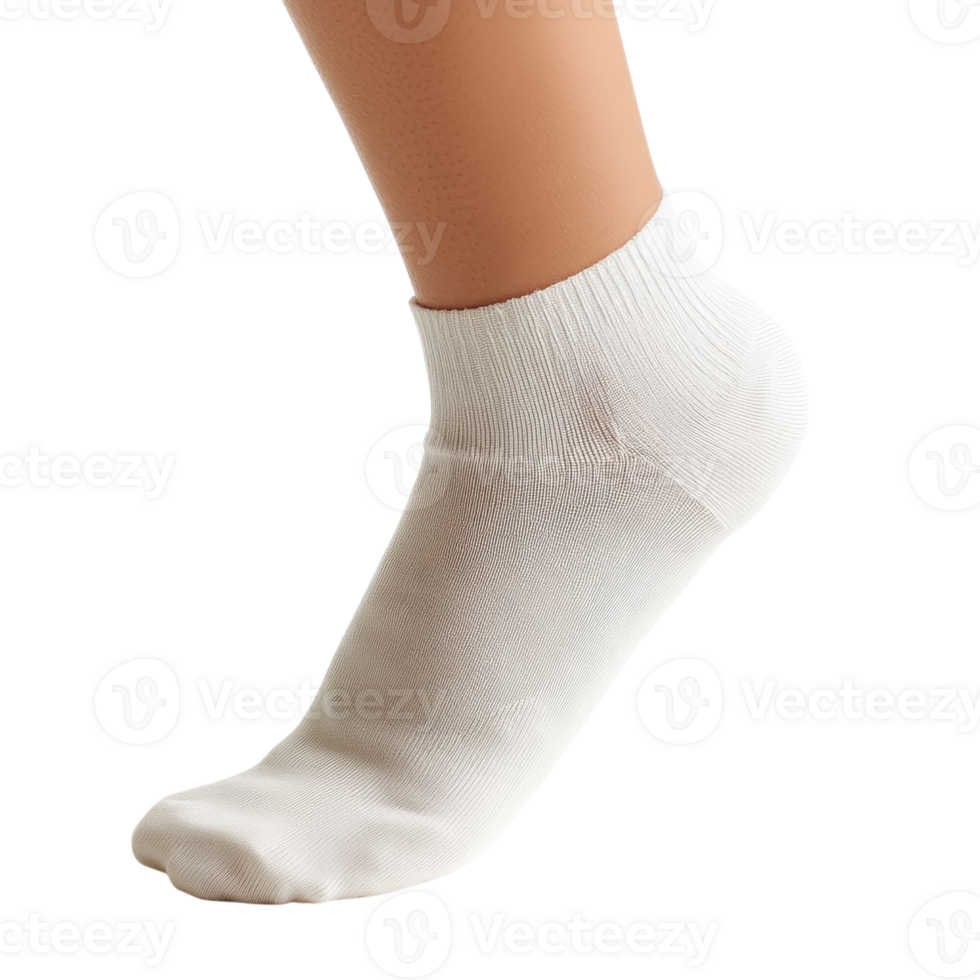 White Cotton Ankle Socks on Foot on transparent background. png