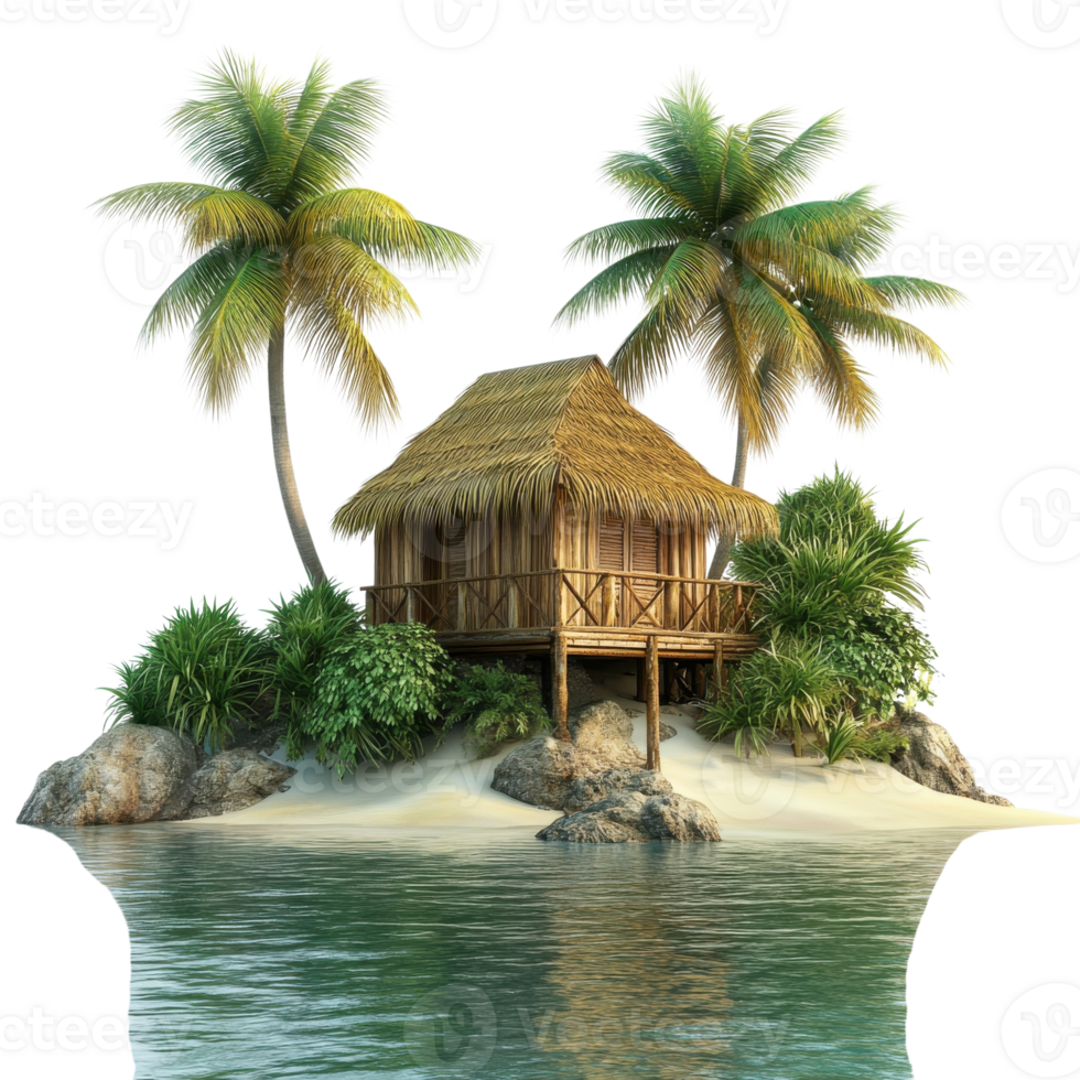 Secluded Tropical Beach Hut Island on transparent background. png
