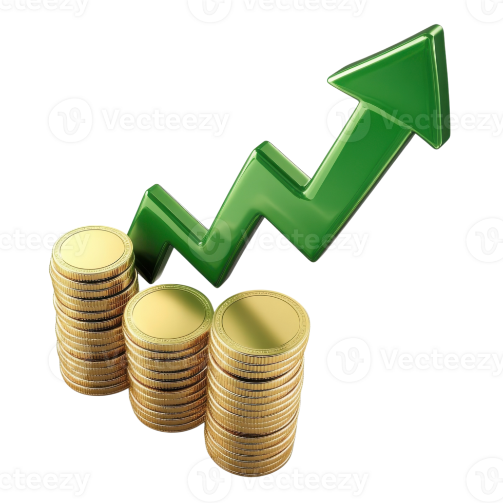 3D Green Arrow Golden Stack Chart on transparent background. png