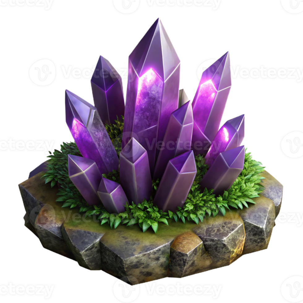 dramatic traditional A cluster of amethyst crystals sprouting from mossy rocks, dark, moody lighting, fantasy art, original png