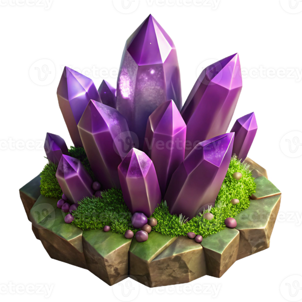 impressive classic A cluster of amethyst crystals sprouting from mossy rocks, dark, moody lighting, fantasy art, high quality png