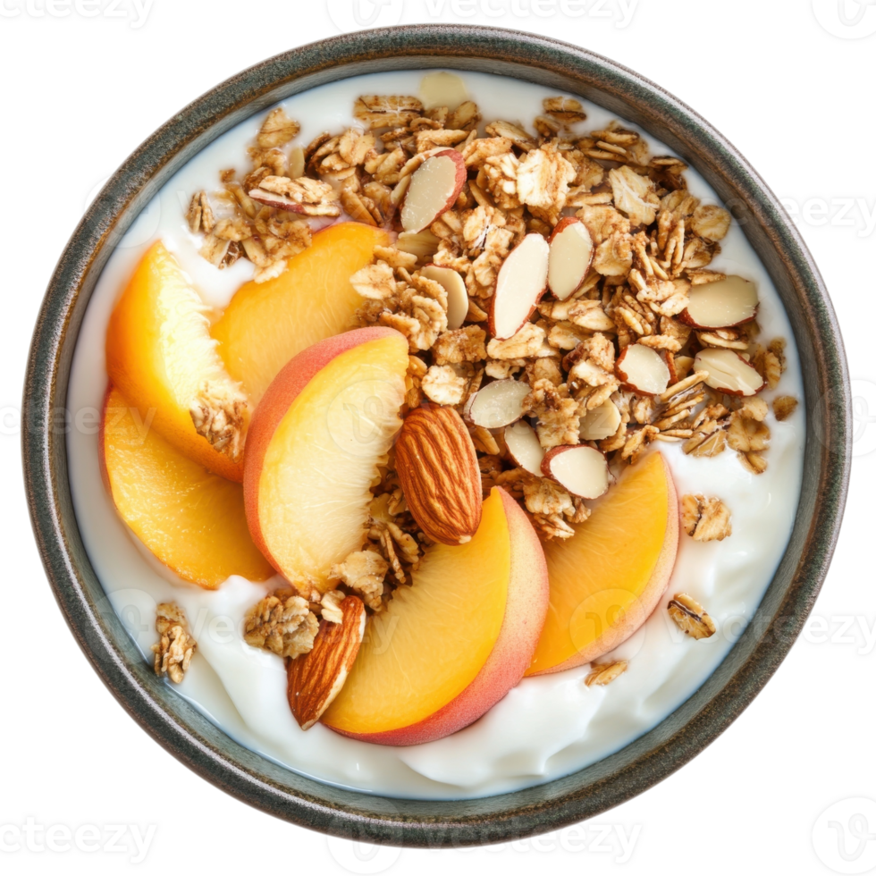 Peach Yogurt Granola Bowl Recipe on transparent background. png