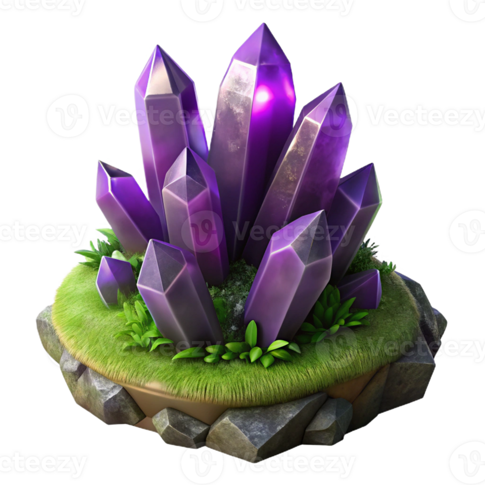vibrant abstract A cluster of amethyst crystals sprouting from mossy rocks, dark, moody lighting, fantasy art, premium png
