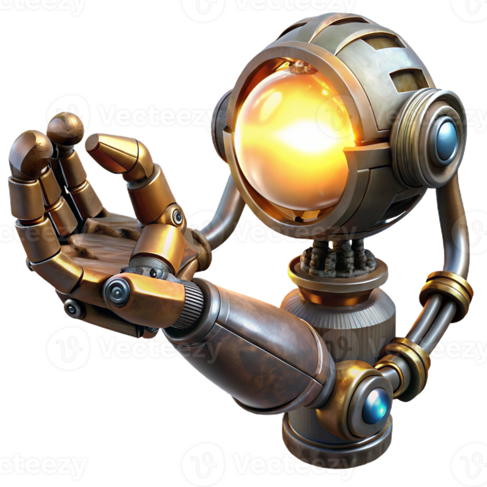 elegant artistic A steampunk robotic arm holding a glowing orb of energy, intricate metallic details, dark and moody lighting premium png