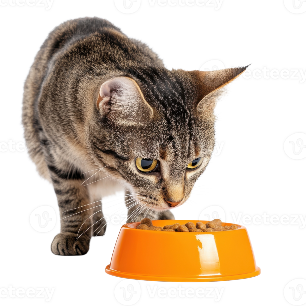 Curious Tabby Cat Eyes Food on transparent background. png