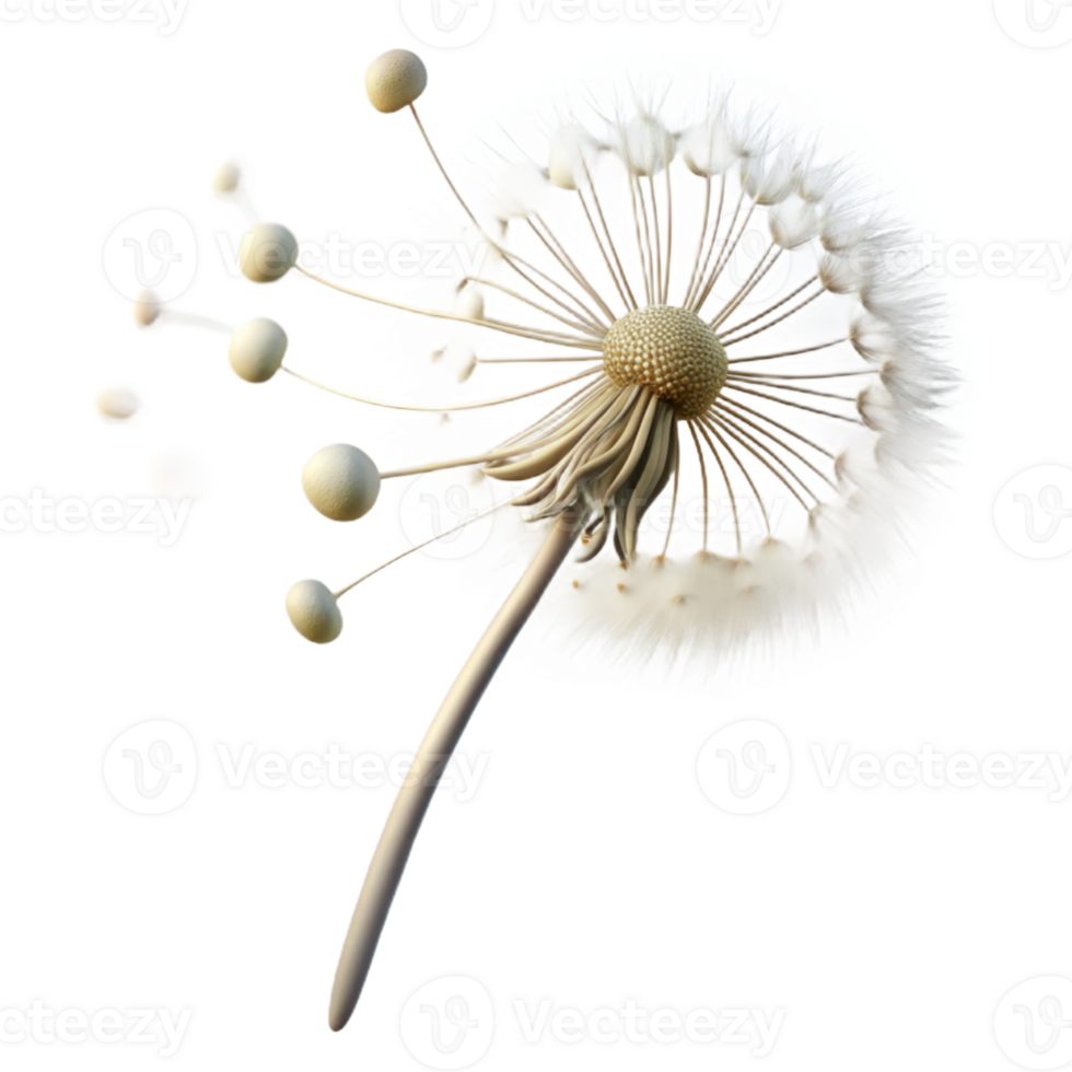 vibrant artistic Single dandelion seedhead with seeds blowing in the wind, delicate, ethereal, white background, macro photography, detailed png