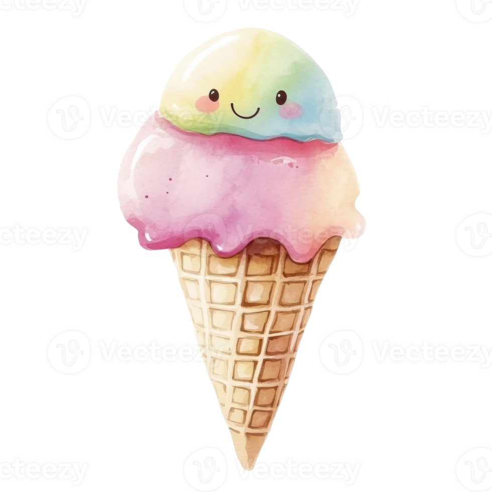 Cute Watercolor Pastel Ice Cream Cone on transparent Background. png