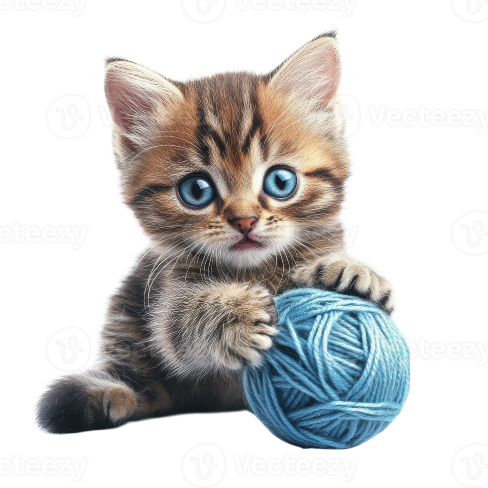 Kitten Playing with Ball of Yarn on transparent Background. png