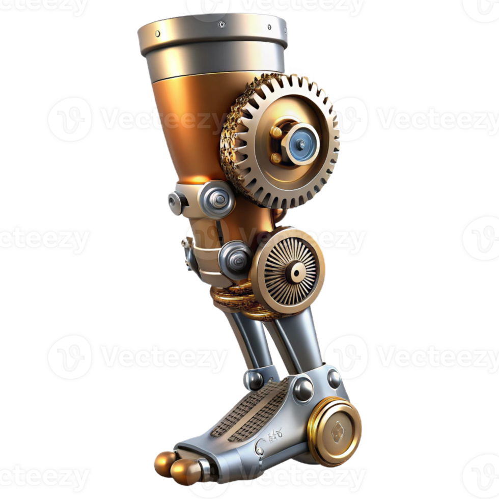 wonderful modern A steampunk prosthetic leg with intricate gears and pistons, highly polished metallic finish, dramatic spotlighting premium png