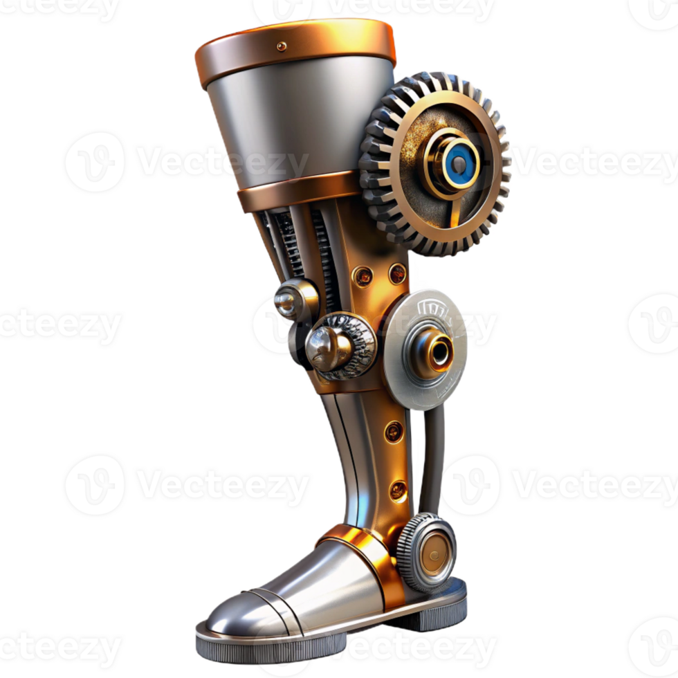 extraordinary vintage A steampunk prosthetic leg with intricate gears and pistons, highly polished metallic finish, dramatic spotlighting high resolution png