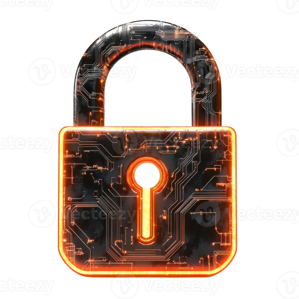 Secure Digital Padlock Key Concept on transparent Background. png