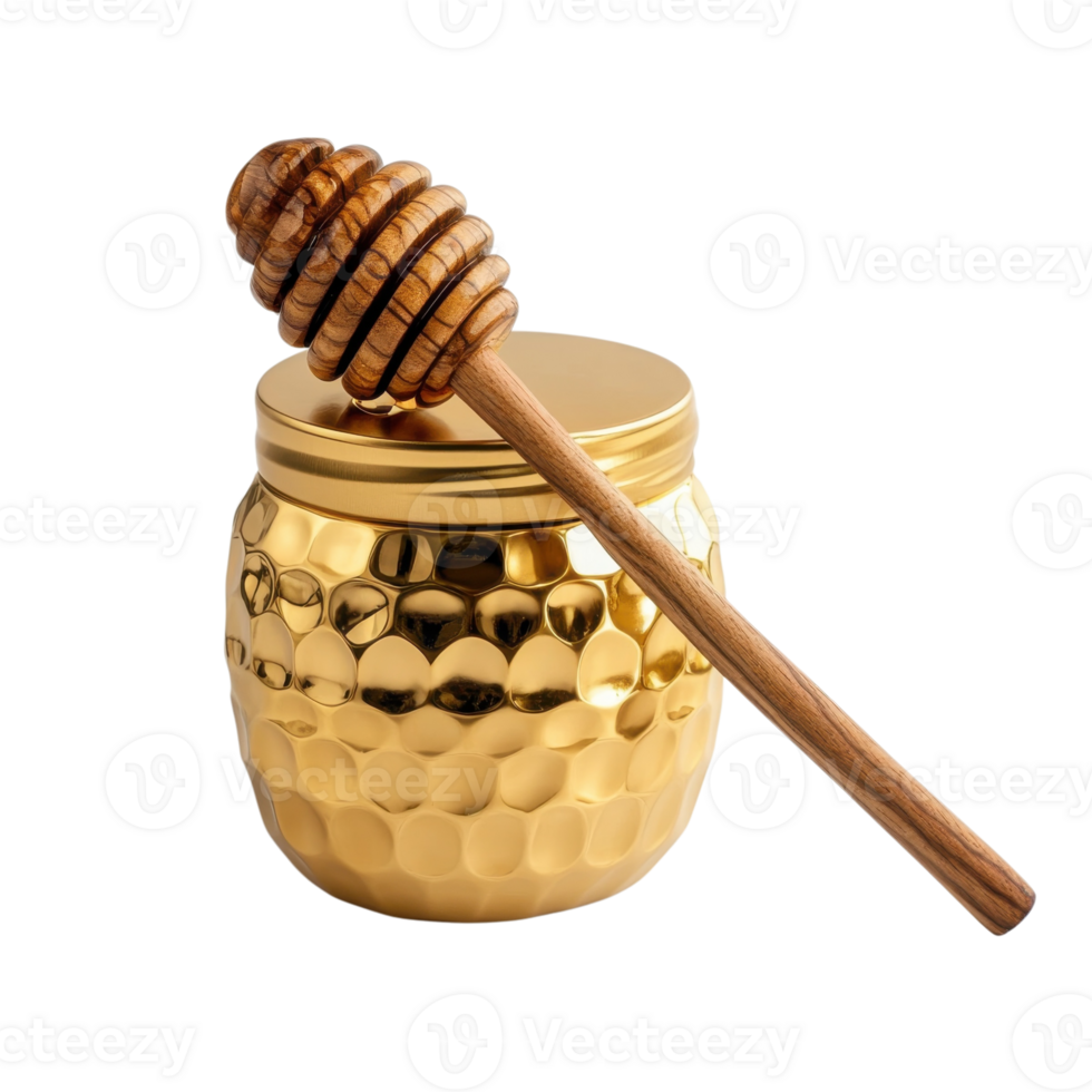 Golden Honey Jar Wooden Dipper on transparent Background. png
