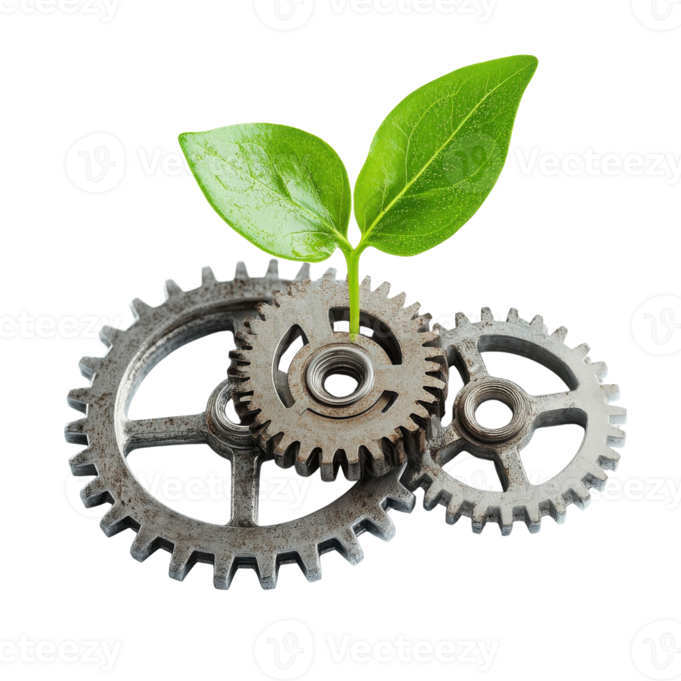 Sprout Growth Through Metal Gears on transparent Background. png