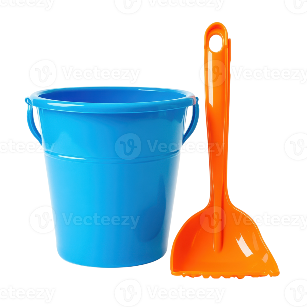 Childs Blue Bucket Orange Shovel on transparent Background. png