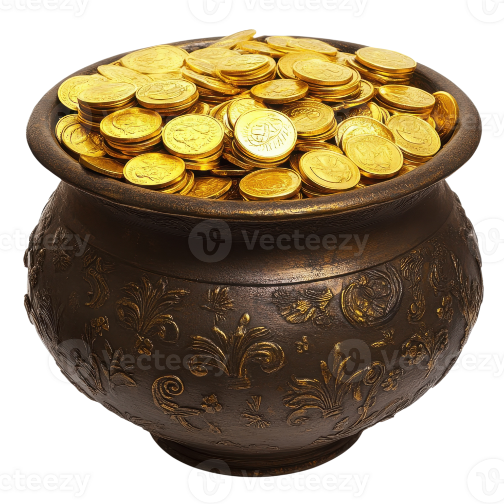 Shiny Gold Coins in a Large Pot on transparent Background. png