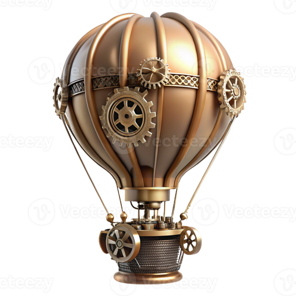 dramatic vintage A steampunk hot air balloon with intricate brass and copper details, floating against a backdrop of gears and cogs, soft, diffused lighting genuine png