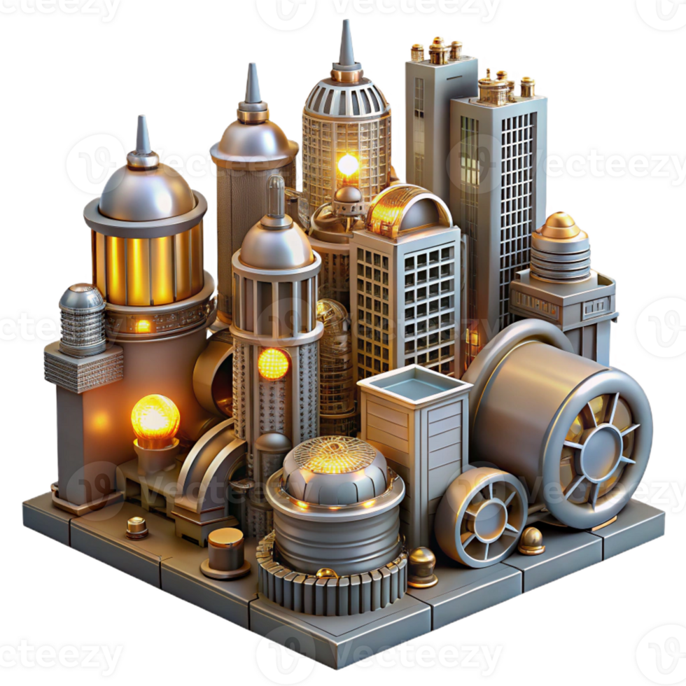 vibrant artistic A steampunk cityscape with towering buildings made of gears and pipes, illuminated by glowing orbs, highly detailed, art deco style genuine png