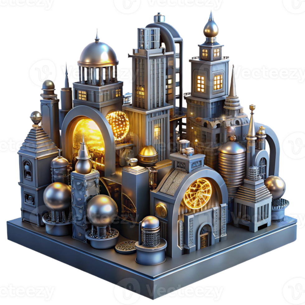 magnificent traditional A steampunk cityscape with towering buildings made of gears and pipes, illuminated by glowing orbs, highly detailed, art deco style exclusive png