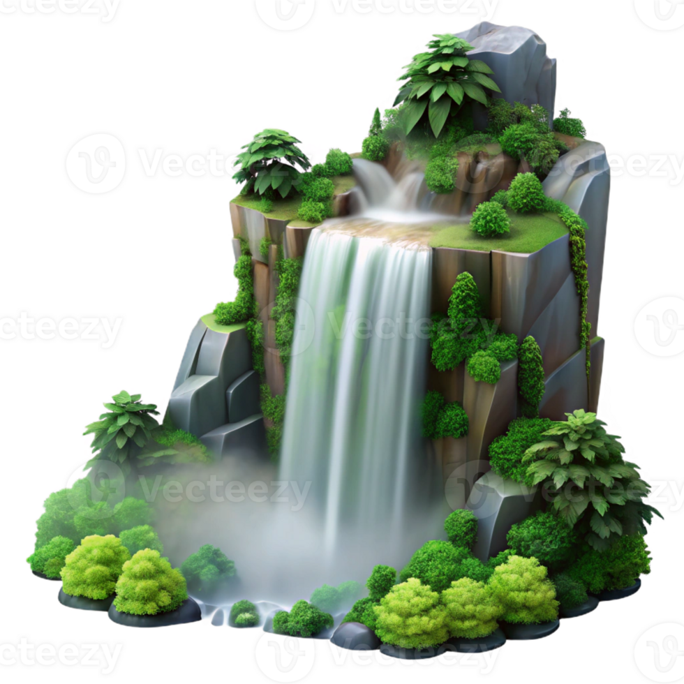 stunning abstract Waterfall cascading down a cliff face, mist rising, long exposure photography, lush green foliage, genuine png