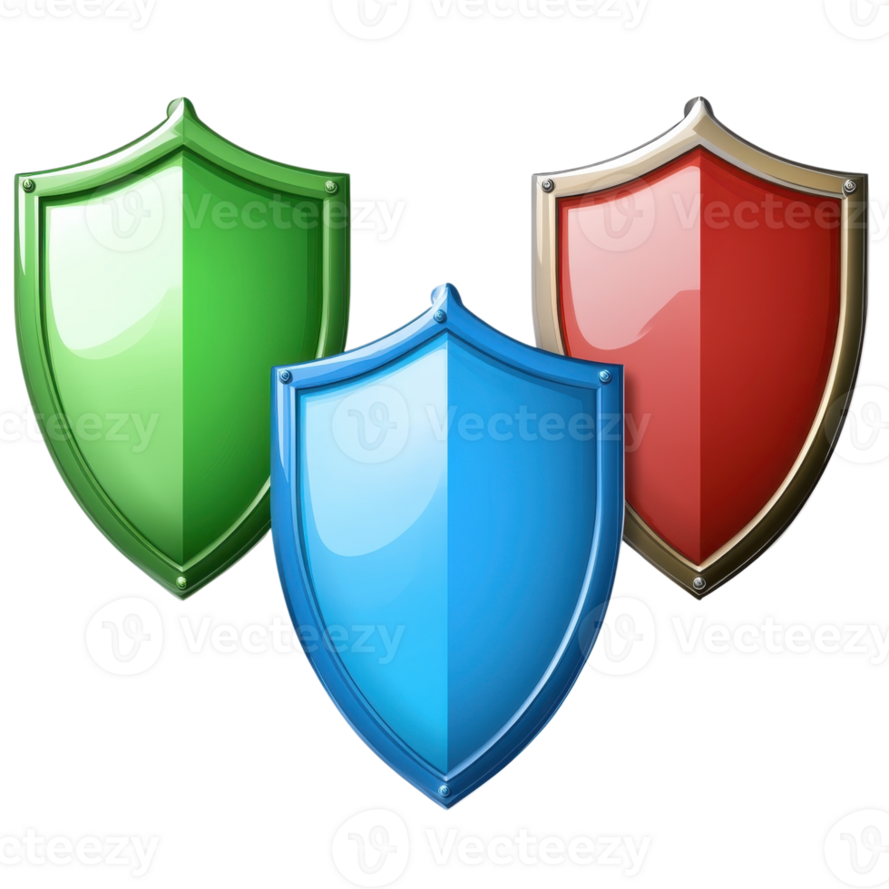Three Shield Icons Green Blue Red on transparent Background. png